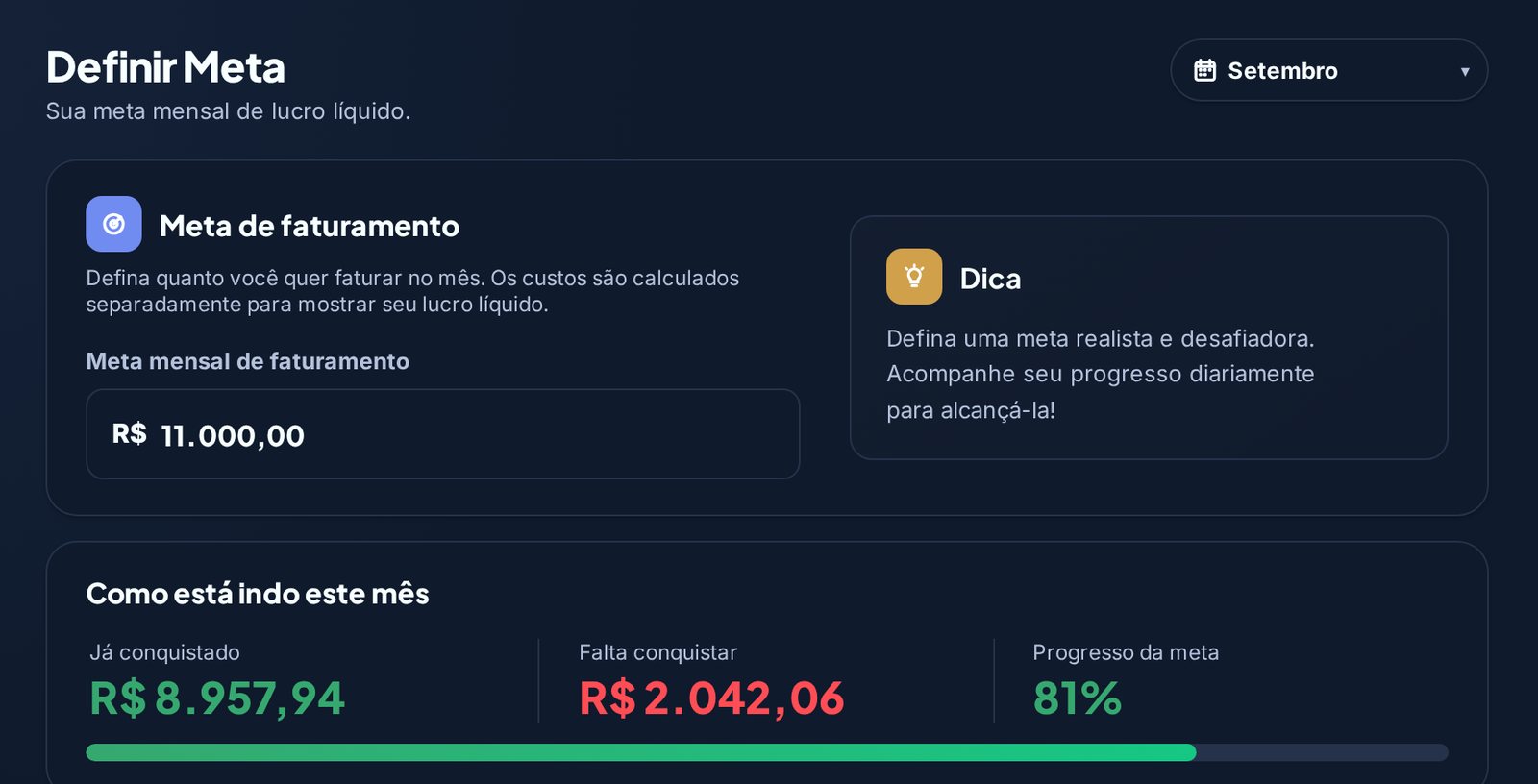 Tela de definição de meta de faturamento mensal com barra de progresso